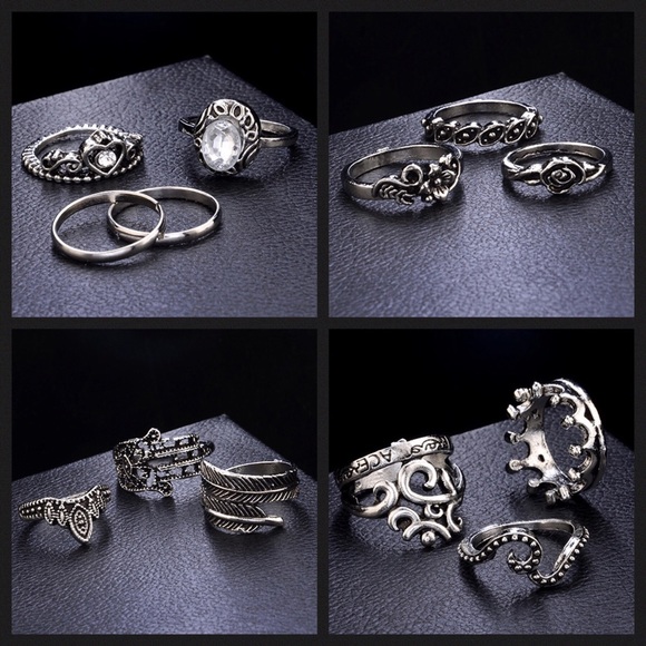 16 Pcs Boho Black & Silver Crystal Gem Ring Set - Picture 5 of 14